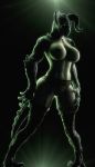  2019 3d_(artwork) absurd_res anthro bethesda_softworks big_breasts breasts claws clothing dark_background deathclaw digital_media_(artwork) fallout female genitals green_eyes green_light hi_res horn lingerie nipples pose pussy robinasplind1 scalie solo standing video_games 