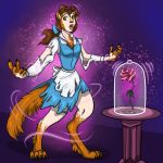  1:1 2020 barefoot beauty_and_the_beast belle_(beauty_and_the_beast) blacksheeptfs breasts brown_hair clothing digitigrade disney dress female flower fur hair hi_res horn looking_back magic monster plant rose_(flower) simple_background solo standing surprise torn_clothing transformation 