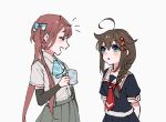  2girls :d :o ^_^ arm_warmers arms_behind_back asagumo_(kantai_collection) ascot bangs black_serafuku black_shirt black_skirt blue_bow blue_eyes blue_neckwear blush bow braid brown_hair closed_eyes collared_shirt cup dress_shirt eyebrows_visible_through_hair grey_background grey_skirt hair_between_eyes hair_bow hair_ornament holding holding_cup kantai_collection long_hair mug multiple_girls neckerchief nuno_(pppompon) open_mouth parted_lips pleated_skirt profile puffy_short_sleeves puffy_sleeves red_neckwear remodel_(kantai_collection) sailor_collar school_uniform serafuku shigure_(kantai_collection) shirt short_sleeves simple_background single_braid skirt smile suspender_skirt suspenders twintails very_long_hair white_sailor_collar white_shirt 