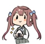  1girl :&gt; asagumo_(kantai_collection) ascot bangs blue_bow blue_neckwear blush_stickers bow brown_hair closed_mouth collared_shirt eyebrows_visible_through_hair food grey_skirt hair_bow holding holding_food kantai_collection long_hair long_sleeves nuno_(pppompon) onigiri pleated_skirt shirt simple_background skirt solo sparkle suspender_skirt suspenders twintails v-shaped_eyebrows very_long_hair white_background white_shirt 