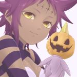  1girl arm_ribbon breasts closed_mouth d.gray-man dark_skin hatena_(harrrr07) looking_at_viewer portrait pumpkin purple_hair purple_ribbon ribbon road_kamelot shiny shiny_hair short_hair simple_background small_breasts smile solo white_background yellow_eyes 