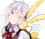  1boy ;d allen_walker bangs black_vest blue_eyes collared_shirt d.gray-man eco_(mamenoki) grin hair_between_eyes happy_birthday male_focus neck_ribbon one_eye_closed open_mouth red_ribbon ribbon shirt silver_hair smile solo timcanpy upper_body vest white_background white_shirt wing_collar 