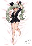  1girl absurdres anchovy_(girls_und_panzer) arm_up bangs bed_sheet black_ribbon black_shirt blush breasts brown_eyes cleavage closed_mouth commentary dakimakura drill_hair embarrassed emoticon excel_(shena) eyebrows_visible_through_hair from_above full_body girls_und_panzer green_hair hair_ribbon highres light_frown long_hair long_sleeves looking_at_viewer lying medium_breasts no_bra no_pants on_back on_bed panties ribbon shirt sleeves_rolled_up solo sweatdrop thigh_gap twin_drills twintails underwear white_panties 