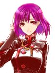  1girl asukawvm bangs black_jacket closed_mouth d.gray-man earrings eyebrows_visible_through_hair floating_hair hair_between_eyes hand_in_hair jacket jewelry lenalee_lee long_sleeves purple_hair red_eyes shiny shiny_hair short_hair simple_background sketch smile solo upper_body white_background 