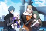  2boys 2girls armor artist_name baby beard black_gloves blue_eyes blue_hair blue_sky brown_hair byleth_(fire_emblem) byleth_(fire_emblem)_(male) closed_mouth cloud dannex009 day dress facial_hair father_and_son fire_emblem fire_emblem:_three_houses from_side gloves green_eyes green_hair hair_ornament highres husband_and_wife if_they_mated jeralt_reus_eisner long_hair long_sleeves lysithea_von_ordelia mother_and_son multiple_boys multiple_girls open_mouth outdoors short_hair sitri_(fire_emblem) sky smile watermark web_address white_hair 