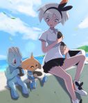  1girl :d black_hairband cloud collared_shirt commentary_request day dorayaki eyelashes food gen_1_pokemon gen_2_pokemon grey_hair gym_leader hairband highres hitmontop holding holding_food looking_at_another looking_to_the_side machop open_mouth outdoors pokemon pokemon_(creature) pokemon_(game) pokemon_swsh saitou_(pokemon) shirt shoes short_hair short_sleeves sitting sky smile sozai tongue wagashi white_shirt 