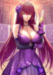  1girl alcohol arm_under_breasts breasts champagne champagne_flute cleavage cup dress drinking_glass elbow_gloves fate/grand_order fate_(series) flower gloves hair_flower hair_ornament heroic_spirit_formal_dress jewelry large_breasts long_hair looking_at_viewer necklace okitakung parted_lips purple_dress purple_gloves purple_hair red_eyes scathach_(fate)_(all) scathach_(fate/grand_order) smile tiara 