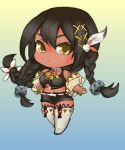  1girl azur_lane black_hair boots bracelet braid chibi ci0 crop_top dark_skin detached_sleeves feathers gradient gradient_background hair_feathers hair_ornament jewelry multicolored multicolored_background native_american necklace south_dakota_(azur_lane) thigh_boots thighhighs yellow_eyes 