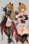  1girl armor armored_boots armored_dress ass bare_shoulders blonde_hair boots breasts cleavage collarbone granblue_fantasy high_heel_boots high_heels high_ponytail highres long_hair medium_breasts multiple_views n9+ red_eyes sidelocks torn_clothes very_long_hair vira_lilie 