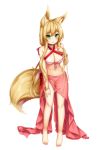  1girl :o animal_ear_fluff animal_ears bangle bare_arms bare_legs bare_shoulders barefoot bikini black_choker blonde_hair blush bow bracelet breasts choker cleavage collarbone commentary_request criss-cross_halter fox_ears fox_girl fox_tail front-tie_bikini front-tie_top full_body hair_bow halterneck hand_up highres himeka_chiyako jewelry long_hair looking_at_viewer medium_breasts minaha_(playjoe2005) original parted_lips pink_bikini red_bow sarong see-through simple_background solo standing swimsuit tail very_long_hair white_background 