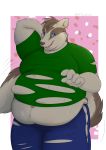  absurd_res alex.fetter anthro belly belly_overhang big_belly blue_eyes clothing hi_res jonah_(alex.fetter) linoone male nintendo obese overweight pok&eacute;mon pok&eacute;mon_(species) ripping solo torn_clothing video_games 