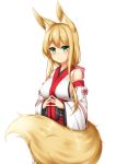  1girl animal_ear_fluff animal_ears bangs bare_shoulders blonde_hair blush bow closed_mouth commentary_request detached_sleeves eyebrows_visible_through_hair fox_ears fox_girl fox_tail green_eyes hair_between_eyes hair_bow highres himeka_chiyako japanese_clothes kimono long_hair long_sleeves minaha_(playjoe2005) obi original pink_bow sash simple_background sleeveless sleeveless_kimono smile solo steepled_fingers tail white_background white_kimono white_sleeves wide_sleeves 