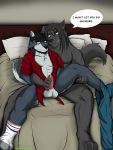  3:4 apache_(artist) bed canid canine canis clothing dialogue duo furniture genitals grin hi_res holding_penis male male/male mammal penis smile wolf 