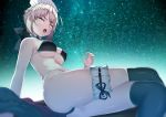  1girl artoria_pendragon_(all) ashino_moto bangs bare_shoulders black_legwear blonde_hair breasts choker commentary_request crossed_legs eyebrows_visible_through_hair fate/grand_order fate/stay_night fate_(series) frilled_choker frills from_below maid_headdress medium_breasts night night_sky open_mouth saber_alter sidelocks sitting sky star_(sky) starry_sky swimsuit thigh_strap thighhighs tongue tongue_out underboob yellow_eyes 