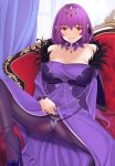  1girl absurdres bangs bare_shoulders breasts couch crown dress embarrassed fate/grand_order fate_(series) hair_between_eyes hair_ribbon highres jewelry large_breasts looking_at_viewer panties pantyhose purple_eyes quatthro red_eyes ribbon scathach_(fate)_(all) scathach_skadi_(fate/grand_order) sitting solo spread_legs thighhighs underwear window 