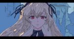 1girl bangs black_hairband black_ribbon blonde_hair closed_mouth commentary_request copyright_request eyebrows_behind_hair hair_between_eyes hair_ribbon hairband highres leisss letterboxed long_hair neck_ribbon portrait red_eyes ribbon rozen_maiden solo suigintou 