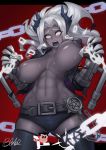  2020 abs armor belt big_breasts bodily_fluids bottomwear breasts chain clothing demon exposed_breasts female gauntlets gloves grey_eyes grey_hair hair handwear hi_res horn humanoid jacket judgement_(helltaker) legwear navel nipples not_furry open_jacket qblade shorts solo sweat thigh_highs topwear 