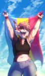  2020 5_fingers anthro breasts clothed clothing day detailed_background digital_media_(artwork) felid feline female fingers flag hi_res lukiri lynx mammal midriff navel open_mouth outside romanian_flag sky solo standing teeth tongue 