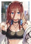  1girl animal_ears bare_shoulders black_shirt blue_eyes blurry breasts brown_hair character_name choker cleavage closed_mouth clothes_writing collarbone crop_top depth_of_field ear_piercing earrings expressionless fake_animal_ears fur_collar go-toubun_no_hanayome hair_between_eyes hairband headphones headphones_around_neck highres jacket jewelry large_breasts long_hair long_sleeves looking_at_viewer midriff nail_polish nakano_miku necklace off_shoulder open_clothes open_jacket piercing ring saya_(mychristian2) shirt sleeveless sleeveless_shirt solo upper_body white_jacket 