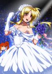  blonde_hair bouquet breasts cleavage dated dress fate_testarossa flower frills gloves hair_between_eyes highres holding holding_bouquet light_stick long_hair lyrical_nanoha mahou_shoujo_lyrical_nanoha_strikers medium_breasts microphone off-shoulder_dress off_shoulder open_mouth purple_flower red_eyes solo_focus takamachi_nanoha tappa_(esperanza) tied_hair upper_teeth wedding_dress white_dress white_gloves 
