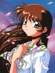  1990s_(style) 1girl artist_request blue_seed brown_hair can earrings fujimiya_momiji green_eyes highres jewelry long_hair looking_at_viewer official_art petals scan scarf smile solo stud_earrings upper_body 