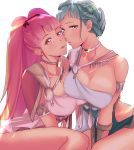  2girls armlet blue_hair breasts choker cleavage dancer face-to-face fire_emblem fire_emblem:_three_houses highres hilda_valentine_goneril legs marianne_von_edmund multiple_girls older pelvic_curtain pink_hair single_strap sou_mei thighs tongue tongue_out 