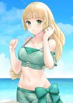  1girl absurdres beach blonde_hair blue_sky bow closed_mouth cloud day fire_emblem fire_emblem:_three_houses fire_emblem_heroes green_eyes highres ingrid_brandl_galatea long_hair midriff outdoors pppepetps sky smile solo swimsuit water 