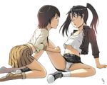  amasawa_yuuko brown_hair dennou_coil eye_contact glasses looking_at_another midriff multiple_girls okonogi_yuuko panties pantyshot pencil_skirt school_uniform short_hair skirt spread_legs twintails underwear yoneda_taishou yuri 