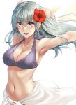  1girl armpits bikini breasts cleavage collarbone eyebrows_visible_through_hair flower green_eyes green_hair hair_between_eyes hair_flower hair_ornament highres kantai_collection kokuzou large_breasts long_hair looking_at_viewer navel open_mouth purple_bikini red_flower sarong simple_background solo suzuya_(kantai_collection) swimsuit white_background white_sarong 