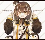  1girl animal_on_head arknights baby_penguin brown_eyes brown_hair character_name coat dated double_v gloves jewelry magallan_(arknights) multicolored_hair nstlgie on_head single_earring smile streaked_hair v white_gloves winter_clothes winter_coat 
