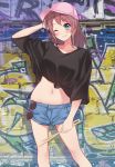  1girl ;d aranami_shibuki bang_dream! bangs bare_legs baseball_cap black_shirt blue_eyes blue_shorts blush breasts brown_hair collarbone commentary_request contrapposto day drumsticks eyebrows_visible_through_hair eyewear_removed feet_out_of_frame graffiti groin hat heart highres long_hair medium_breasts midriff navel one_eye_closed open_mouth outdoors pink_headwear red-framed_eyewear shirt short_shorts shorts sleeves_past_elbows smile solo standing stomach sunglasses teeth tied_shirt wall yamabuki_saaya 