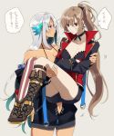  2girls amazuki_jou anchor_earrings asymmetrical_footwear azur_lane body_markings carrying center_opening choker dark_skin earrings facial_mark feather_hair_ornament feathers forehead_mark gloves hair_feathers half_gloves highres jacket jean_bart_(azur_lane) jewelry light_brown_hair long_hair massachusetts_(azur_lane) micro_shorts multiple_girls native_american off_shoulder orange_eyes ponytail princess_carry red_eyes shorts single_knee_boot thighlet white_hair white_nails yuri 