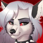 1:1 2020 absurd_res anthro black_nose canid canid_demon collar demon digital_media_(artwork) ear_piercing ear_ring female freylika fur grey_body grey_eyes grey_fur grey_hair hair headshot_portrait hellhound helluva_boss hi_res icon looking_at_viewer loona_(vivzmind) mammal multicolored_body multicolored_fur piercing portrait red_background red_sclera simple_background smile solo tongue tongue_out white_body white_fur 
