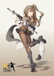  1girl :d absurdres bangs bare_shoulders black_footwear black_gloves black_panties black_skirt blush boots breasts brown_background brown_eyes brown_hair brown_legwear butt_crack commentary_request copyright_name cross-laced_footwear daewoo_k2 eyebrows_visible_through_hair fingerless_gloves full_body girls_frontline gloves gradient gradient_background gradient_hair gun highres holding holding_gun holding_weapon jacket k-2_(girls_frontline) knee_boots lace-up_boots leg_up long_sleeves looking_at_viewer looking_back medium_breasts miniskirt multicolored_hair off_shoulder one_side_up open_mouth orange_hair panties panties_under_pantyhose pantyhose pleated_skirt pouch sideboob skirt smile solo thighband_pantyhose underwear weapon white_jacket yinqi 