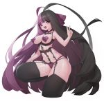  1girl absurdres black_eyes black_hair cameltoe covered_nipples eyebrows_visible_through_hair fang heart_pasties heterochromia highres long_hair multicolored multicolored_hair original panties pasties purple_eyes purple_hair rabbit_(wlsdnjs950) simple_background solo thighhighs underwear v very_long_hair white_background 