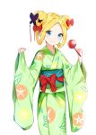  1girl abigail_williams_(fate/grand_order) absurdres bangs blonde_hair blue_eyes blush bow butterfly_hair_ornament candy_apple closed_mouth commentary_request double_bun fate/grand_order fate_(series) floral_print food forehead green_kimono hair_bow hair_ornament highres holding holding_food japanese_clothes kimono long_sleeves obi parted_bangs pinching_sleeves print_kimono red_bow sash simple_background sleeves_past_wrists smile solo white_background wide_sleeves yukaa 
