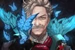  1boy blue_eyes bug butterfly facial_hair fate/grand_order fate_(series) grey_hair insect james_moriarty_(fate/grand_order) kdm_(ke_dama) male_focus mustache portrait silk spider_web 