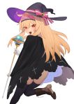  1girl bangs black_cape black_legwear blonde_hair boots brown_footwear cape gloves hairband hat hat_ribbon highres holding holding_staff juz little_witch_nobeta long_hair looking_at_viewer nobeta open_mouth red_eyes ribbon simple_background solo staff thighhighs white_background white_gloves witch witch_hat 