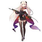  1girl :o alternate_costume bangs battle_rifle black_dress blonde_hair blush breasts brown_footwear brown_legwear cape dress eyebrows_visible_through_hair full_body g3_(girls_frontline) girls_frontline gloves gun h&amp;k_g3 hair_between_eyes head_tilt headset holding holding_gun holding_weapon iron_cross long_hair long_sleeves looking_at_viewer medium_breasts mod3_(girls_frontline) official_art parted_lips partly_fingerless_gloves philomelalilium purple_eyes red_gloves rifle shoes skindentation solo standing striped thighhighs transparent_background vertical_stripes very_long_hair weapon white_cape 
