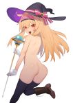 1girl ass bangs black_legwear blonde_hair boots brown_footwear gloves hairband hat hat_ribbon holding holding_staff juz little_witch_nobeta long_hair looking_at_viewer nobeta nude open_mouth red_eyes ribbon simple_background solo staff thighhighs white_background white_gloves witch witch_hat 