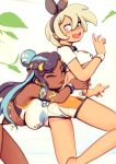  2girls armlet bangs belly_chain black_hair black_hairband blue_hair blush breasts closed_eyes collared_shirt commentary dark_skin dynamax_band earrings eyeshadow grey_hair gym_leader hair_between_eyes hair_bun hairband hands_on_another&#039;s_waist hoop_earrings jewelry kamishisho licking licking_back long_hair looking_back makeup multicolored_hair multiple_girls necklace open_mouth pokemon pokemon_(game) pokemon_swsh print_shirt print_shorts rurina_(pokemon) saitou_(pokemon) shirt short_hair short_sleeves shorts silver_eyes swimsuit tankini tongue tongue_out two-tone_hair white_nails wristband yuri 