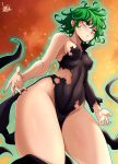  1girl aura bare_legs battle_damage black_dress breasts covered_nipples curly_hair damaged determined dress green_eyes green_hair hair_raising highres jmg medium_hair nipples one-punch_man orange_background powering_up small_breasts spoilers tatsumaki thighs torn_clothes torn_dress 