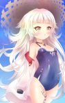  1girl azur_lane blue_swimsuit blush breasts brown_eyes brown_headwear covered_navel hat highres jacket long_hair off_shoulder one-piece_swimsuit open_clothes open_jacket sleeves_past_wrists small_breasts solo sun_hat swimsuit thighs very_long_hair white_hair white_jacket z46_(azur_lane) 