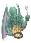  &lt;3 5_fingers alpha_channel apron apron_only claws clothing cookware cthulhu cthulhu_mythos eldritch_horror fingers food frying_pan green_body h.p._lovecraft holding_object jon-smitten ketchup kitchen_utensils male mostly_nude one_eye_closed simple_background solo spatula tentacles tools transparent_background wings wink 
