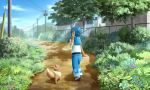  1girl blue_eyes blue_hair blue_pants building bush cloud commentary day doremifa84 eevee feet fence flip-flops flower freckles gen_1_pokemon grass hairband highres holding holding_stick light_rays no_sclera outdoors pants pokemon pokemon_(creature) pokemon_(game) pokemon_sm power_lines sandals scenery shade shirt short_hair sky sleeveless standing stick suiren_(pokemon) sunbeam sunlight swimsuit swimsuit_under_clothes telephone_pole tree trial_captain walking 