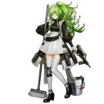  1girl :d alternate_costume apron bangs black_footwear blush breasts bucket calico_m950 clothes_writing collarbone detached_sleeves frills full_body girls_frontline green_hair grey_legwear gun hair_between_eyes hand_on_hip handgun head_tilt high_heels holding holding_gun holding_weapon infukun long_hair looking_at_viewer m950a_(girls_frontline) maid medium_breasts mop official_art open_mouth pistol pouch puffy_sleeves shoulder_cutout sidelocks single_knee_pad skirt smile solo standing standing_on_one_leg transparent_background trigger_discipline twintails wavy_hair weapon yellow_eyes 