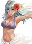  1girl armpits bikini breasts cleavage collarbone eyebrows_visible_through_hair flower green_eyes green_hair hair_between_eyes hair_flower hair_ornament highres kantai_collection kokuzou large_breasts long_hair looking_at_viewer navel open_mouth purple_bikini red_flower sarong simple_background solo suzuya_(kantai_collection) swimsuit tan white_background white_sarong 