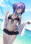  1girl bangs bare_shoulders beach bikini black_bikini blue_sky blurry blurry_background blush breasts closed_mouth collarbone dark_skin fate/prototype fate/prototype:_fragments_of_blue_and_silver fate_(series) hassan_of_serenity_(fate) jacket long_sleeves looking_at_viewer medium_breasts mizumok1 navel ocean off_shoulder open_clothes open_jacket purple_eyes purple_hair short_hair sky swimsuit thighs white_jacket 