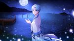  1boy blue_eyes blue_hair blue_theme commission dock hanbok hand_up highres island korean_clothes male_focus moon nani_(goodrich) night night_sky original sky standing water 