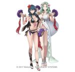  2girls bangs bare_shoulders belt bikini black_bikini black_capelet blue_eyes blue_hair blush breasts byleth_(fire_emblem) byleth_(fire_emblem)_(female) capelet circlet cleavage collarbone cuboon dagger detached_collar fire_emblem fire_emblem_heroes flower green_eyes green_hair hair_flower hair_ornament jewelry large_breasts legs long_hair looking_at_viewer medium_hair multiple_girls navel necklace official_art parted_bangs rhea_(fire_emblem) sandals simple_background smile swimsuit weapon white_bikini 